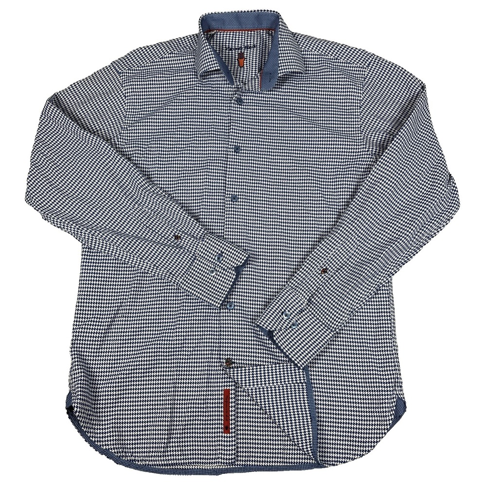Luchiano Visconti Black Men's Blue Houndstooth Button Down Shirt Medium Stretch